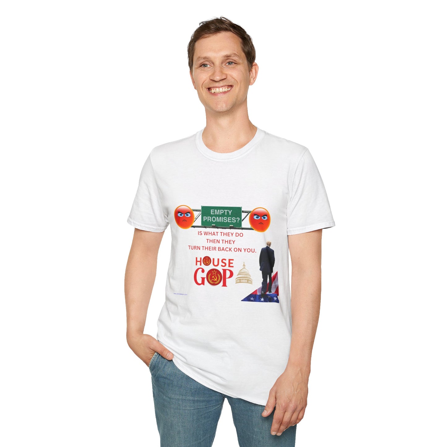 Political Statement Unisex Softstyle T-Shirt - "Empty Promises?" GOP Design